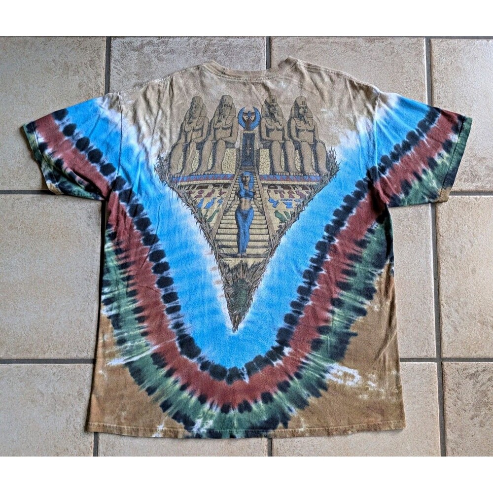 VTG Liquid Blue Tie-Dye Egyptian Pyramid Ankh Sphinx T-Shirt XL Short Sleeve